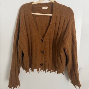 Altar'd State Warm Brown Distressed Cropped Button Cardigan V Neck - Size M